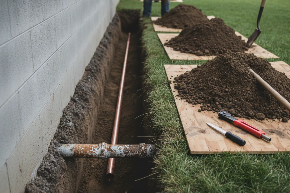 Excavated water line trench during Water Softener Installation in East Hartland